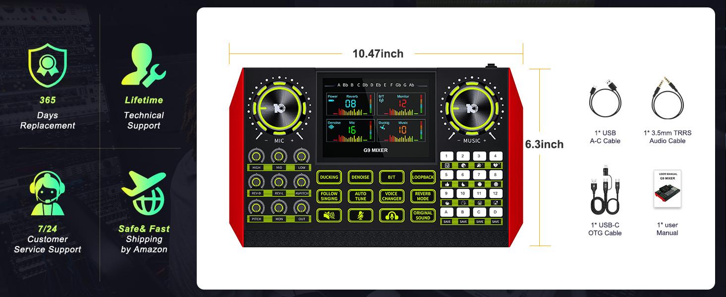 Tenlamp G9 Series Live Streaming Sound Card with Voice Changer, Dual-Level Noise Reduction & Built-in 2000mAh Battery Mixer for Live Streaming, Singing & Video Production (Optional Microphone Kit)