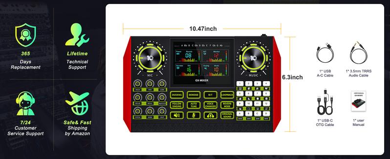 Tenlamp G9 Series Live Streaming Sound Card with Voice Changer, Dual-Level Noise Reduction & Built-in 2000mAh Battery Mixer for Live Streaming, Singing & Video Production (Optional Microphone Kit)