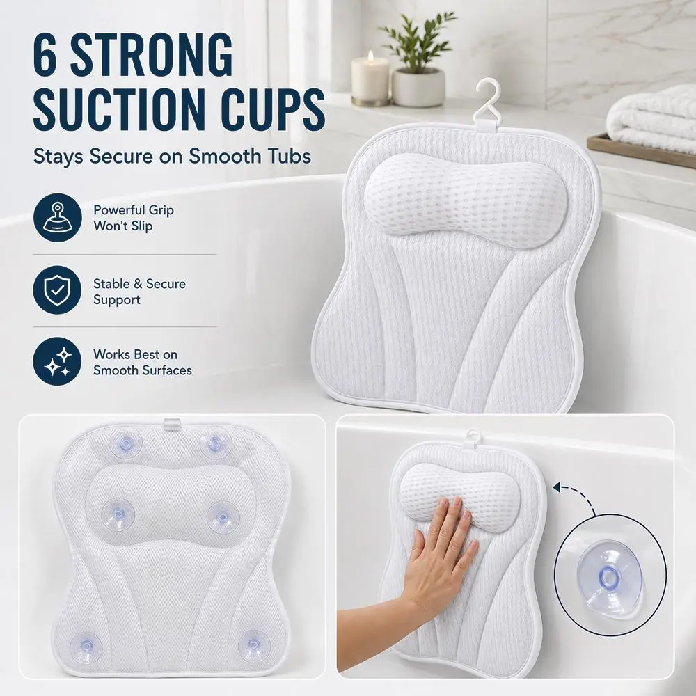 4D Curved Bath Pillow - Ergonomic Head, Neck & Shoulders Support, Durable Tear-Resistant Spa Cushion, 6 Non-Slip Suction Cups, Machine-Washable Quick-Drying Breathable Mesh PVC Bathroom Accessory, Clean Relaxation Aid, Thoughtful Gift
