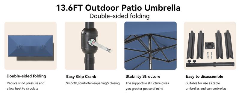 13.6FT Large Patio Umbrella,Outdoor Double-Sided Rectangle Umbrella with Crank,Patio Umbrella for Pool Lawn Garden Backyard