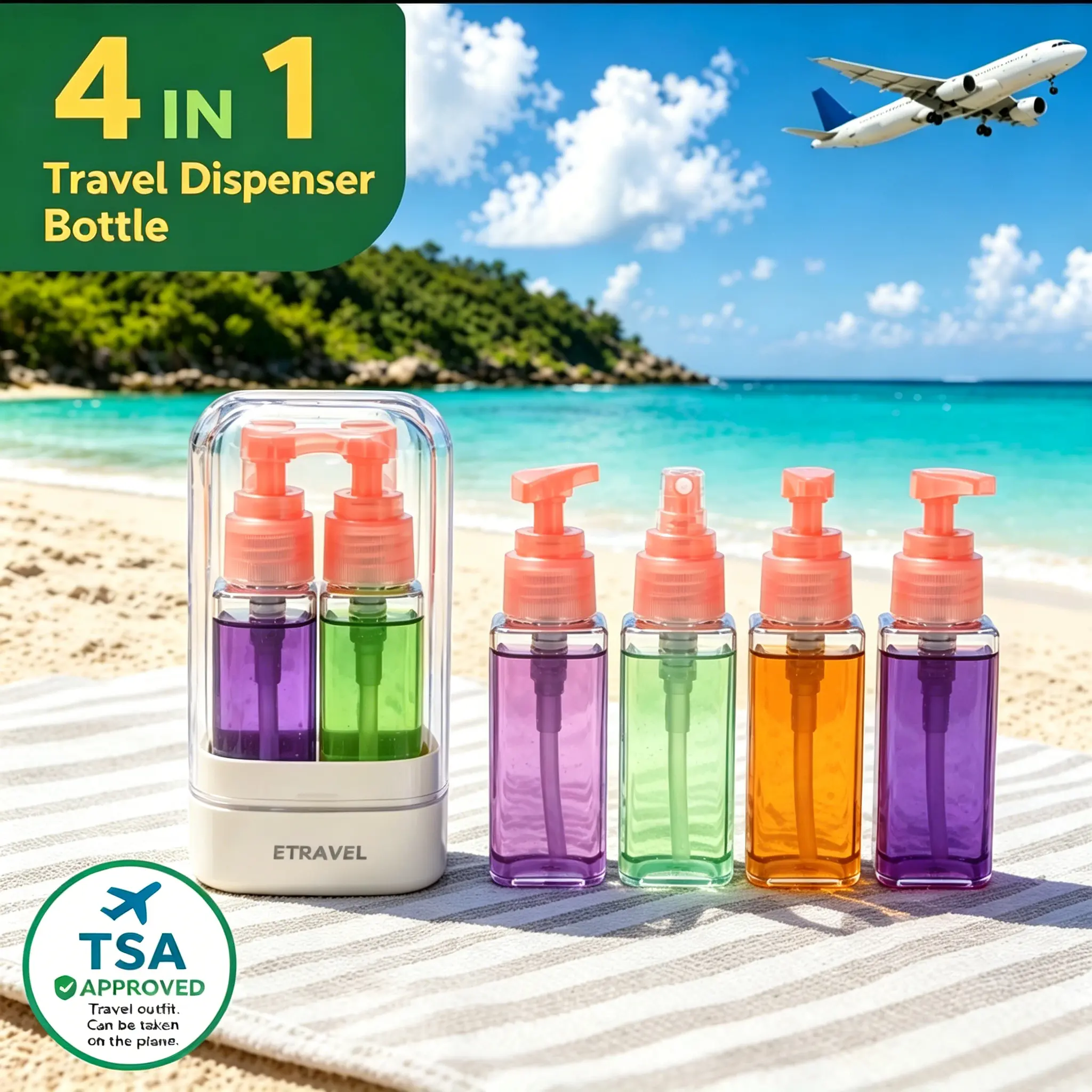4-in-1 Modern Rectangle Travel Toiletry Dispenser Bottle Organiser, Portable Plastic Storage Bottles & Jars for Shampoo & Lotion, Easy-Press Smooth Flow, Airline Approved Travel Stuff, 35Ml
