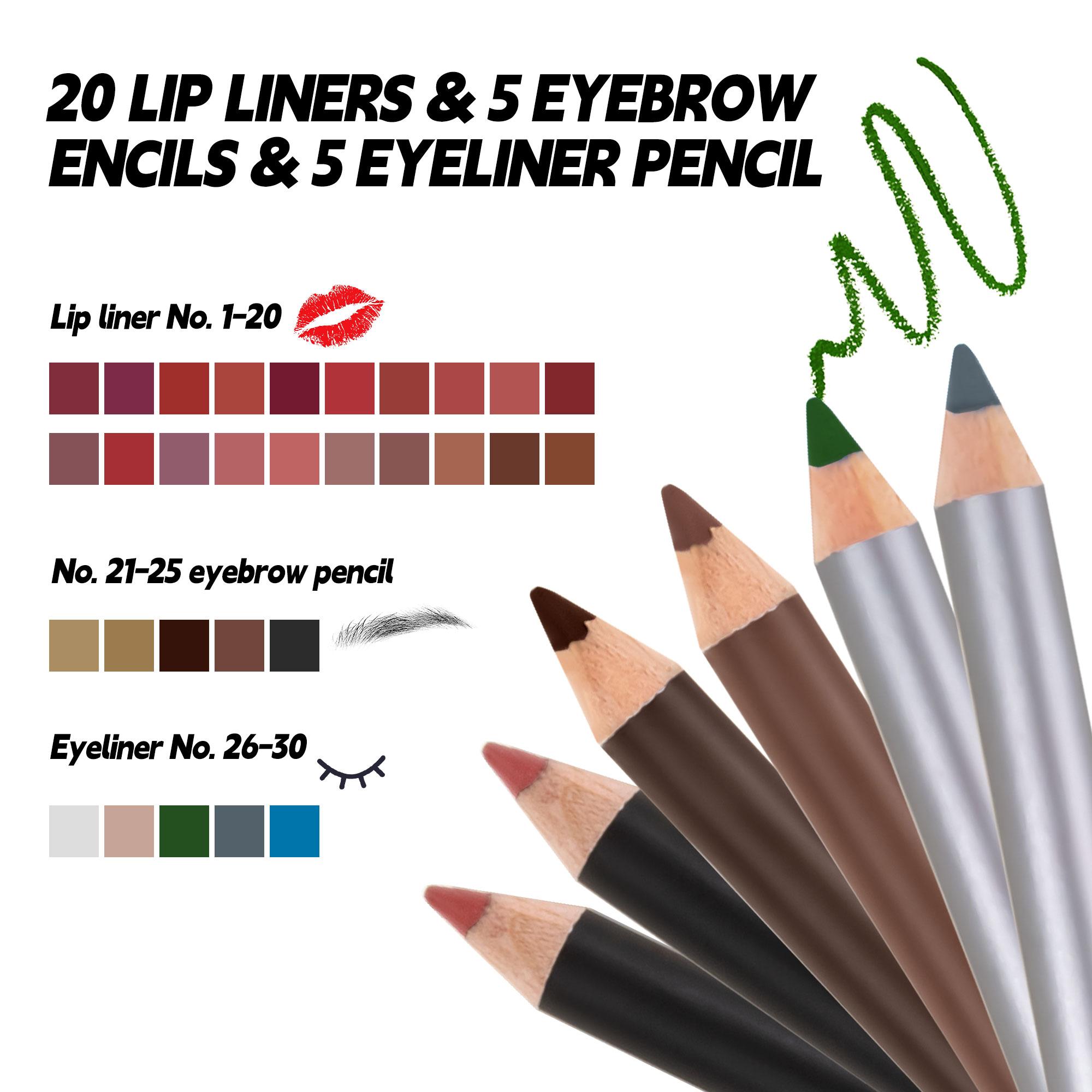 From Lips to Brows to Eyes, 30-Piece Multi-Color Makeup Pencil Set, 20 Lip Liners + 5 Brow Pencils + 5 Eyeliners for Daily Makeup