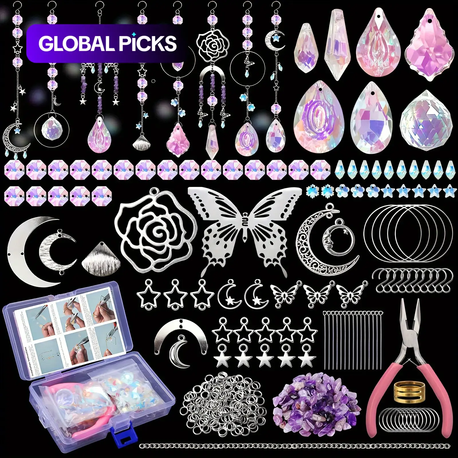377-Piece DIY Decorative Crystal Dreamcatcher Rainbow Craft Kit, Includes Butterflies, Roses, Reflective Beads and Tools, Hanging Decoration for Garden, Windows and Home Decor #GLOBAL PICKS