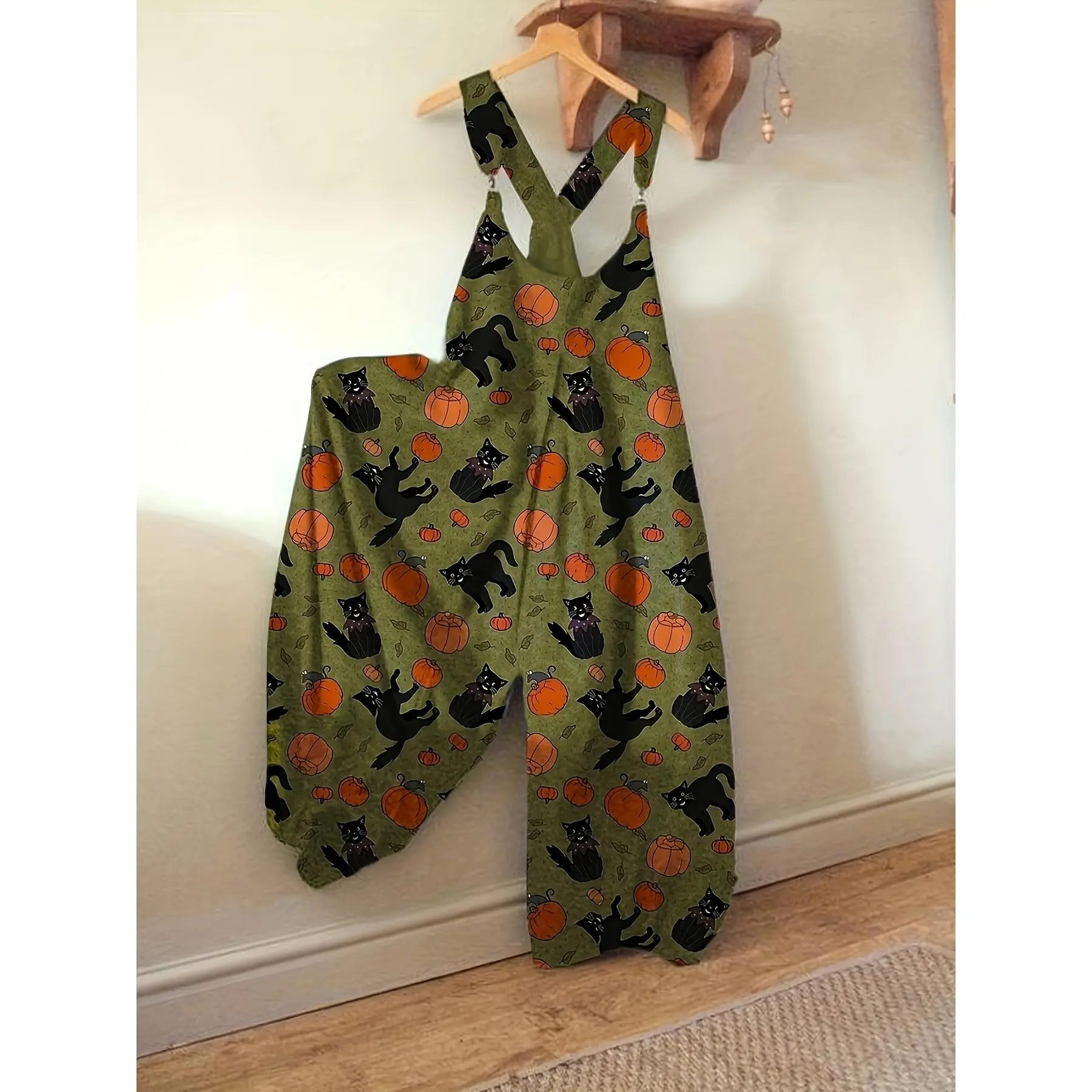 Halloween Early Purchase, Cute Cat Punk Style Jumpsuit, Overall Printed Snap-on Jumpsuit, Casual Round Neck Sleeveless Jumpsuit