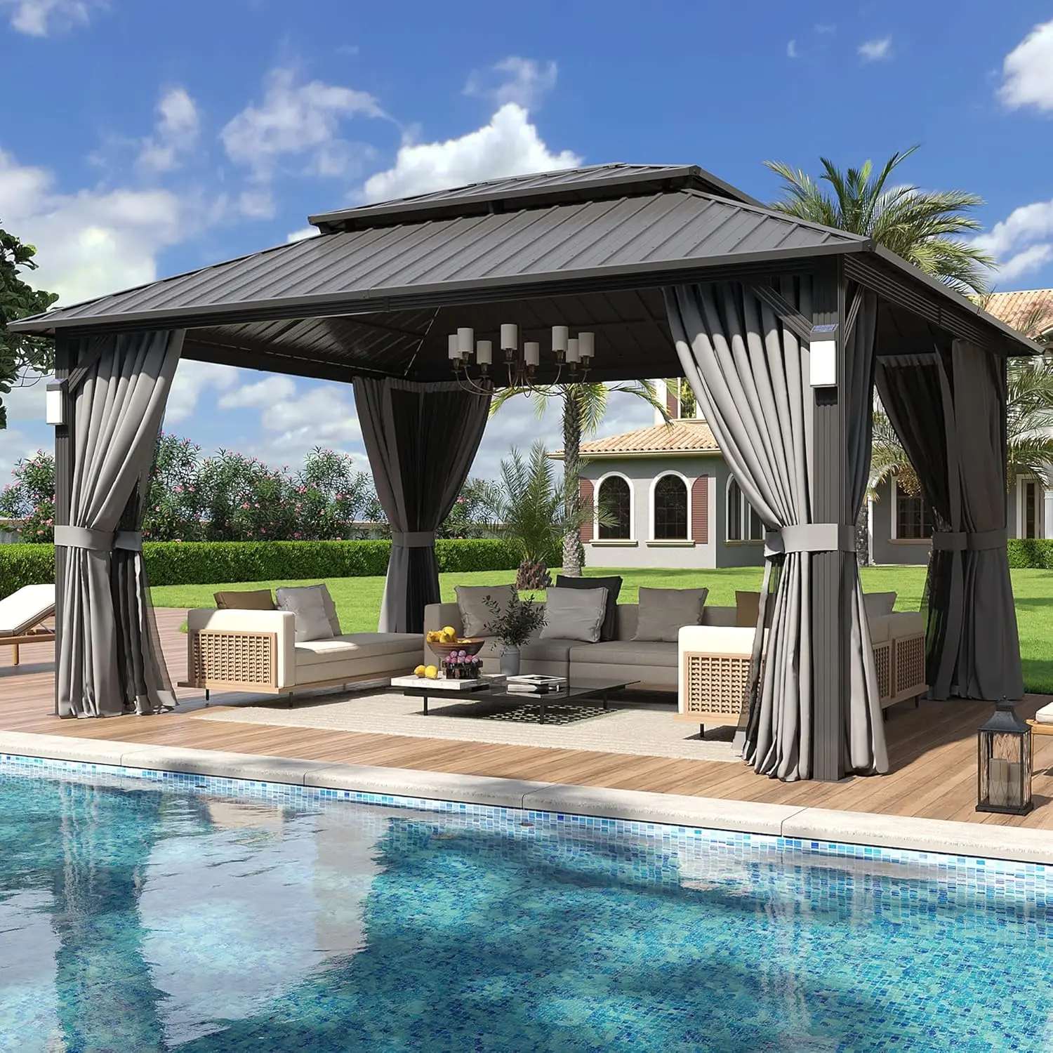 Aoxun 12'x12' Hardtop Gazebo with 4 LED Lights, Outdoor Gazebo with Galvanized Steel Double Roof, Patio Gazebo with Breathable, outdoor living Netting & Privacy Curtain, Decor Hooks for Backyard, Grey, backyard transformation