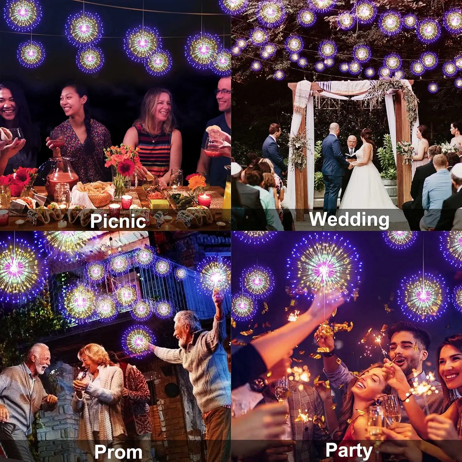DenicMic 4-Pack Contemporary Plastic Firework Starburst LED Lights - Battery-Operated, 8 Modes, Remote-Controlled - Hanging Ceiling Decoration for Bedroom, Christmas