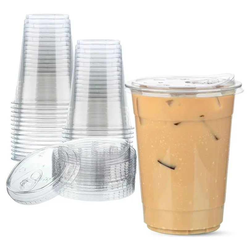 10-Pack Leak-Resistant Disposable Clear Plastic Coffee Cups - With Lids Food-Grade for Office Home Parties Hot/Cold Drinks