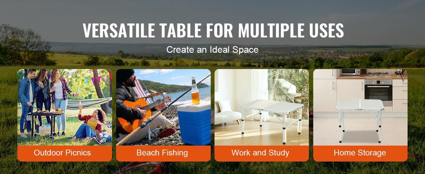 VEVOR Folding Camping Table, Adjustable Height Outdoor Portable Side Tables, Lightweight Fold Up Table, Aluminum & MDF Ultra Compact Work Table, For Cooking, Beach, Picnic, Travel, 24x16 inch, Silver