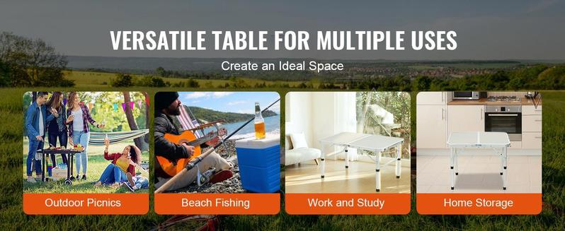 VEVOR Folding Camping Table, Adjustable Height Outdoor Portable Side Tables, Lightweight Fold Up Table, Aluminum & MDF Ultra Compact Work Table, For Cooking, Beach, Picnic, Travel, 24x16 inch, Silver