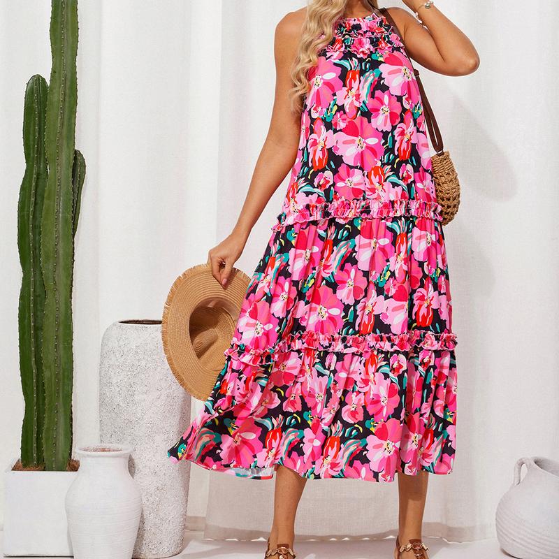 【Valentine's Day Limited】【Runs Large | Size Down】Grace Karin Women's Maxi Boho Dress Casual Summer Loose Long Floral Sundresses Flowy Halter Tiered Beach Vacation Outfits