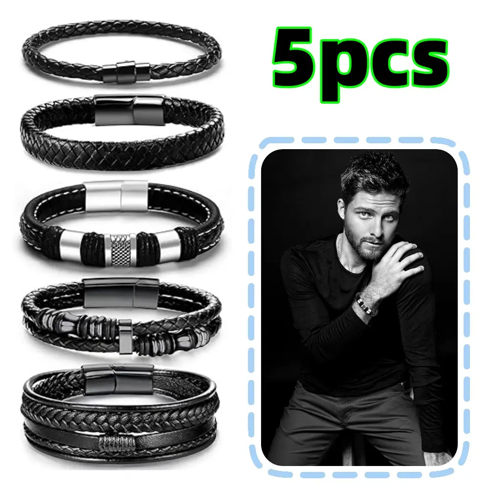 Unisex 5-Piece Bracelet Set, Stylish Multilayer & Braided Wristbands with Steel Accents, Casual Anniversary Party Accessory, Wedding, Genuine Leather, Matching Styles, Braided Look, Multilayer Sets, Gift, Valentine
