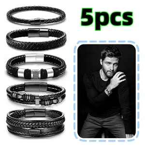 5 pcs Mens Leather Bracelet Black Braided Leather Cuff Wristband Bracelets Steel Braided Cuff Bracelets for Men Women Beauty & Personal Care
