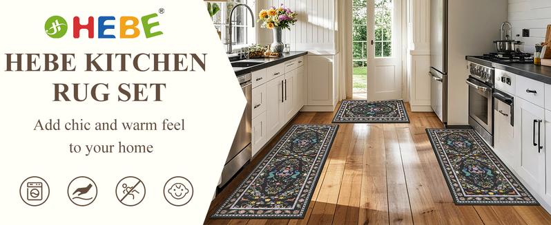 [FebruaryStockUp] HEBE Boho Kitchen Rug Sets 3 Pieces, Washable Kitchen Mats for Floor, Non Slip Soft Kitchen Area Rug Floor Mat for Kitchen, Laundry Room and Hallway