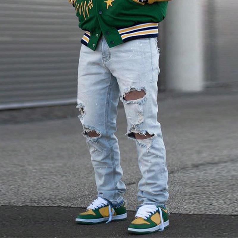 Men's Solid Ripped Straight Leg Jeans, Street Fashion Casual Loose Denim Pants for Daily Wear, Men's Trousers for Spring & Fall