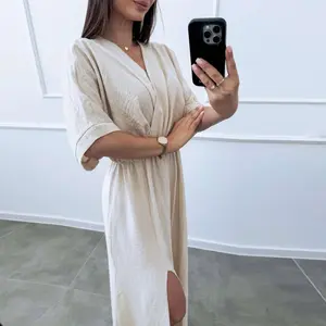 Joyfunear Solid Color A-Line Dress, Ladies Casual Split Thigh Shirred Short Sleeve V Neck Regular Fit Long Flounce Sleeve Plain A Line Women Long Dresses