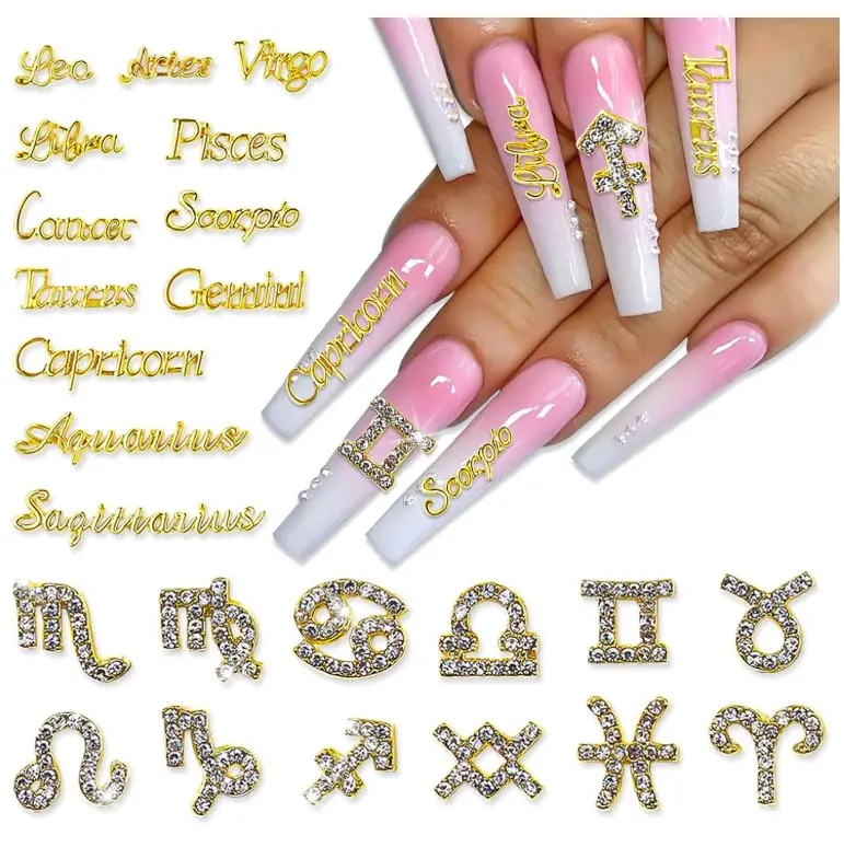 24 Pieces Gold Alloy Zodiac Nail Charms 12pcs Zodiac Signs Nail Studs 12pcs Constellation Words Nail Charms Gold Constellation Letters Nail Art Charms for Women Girls