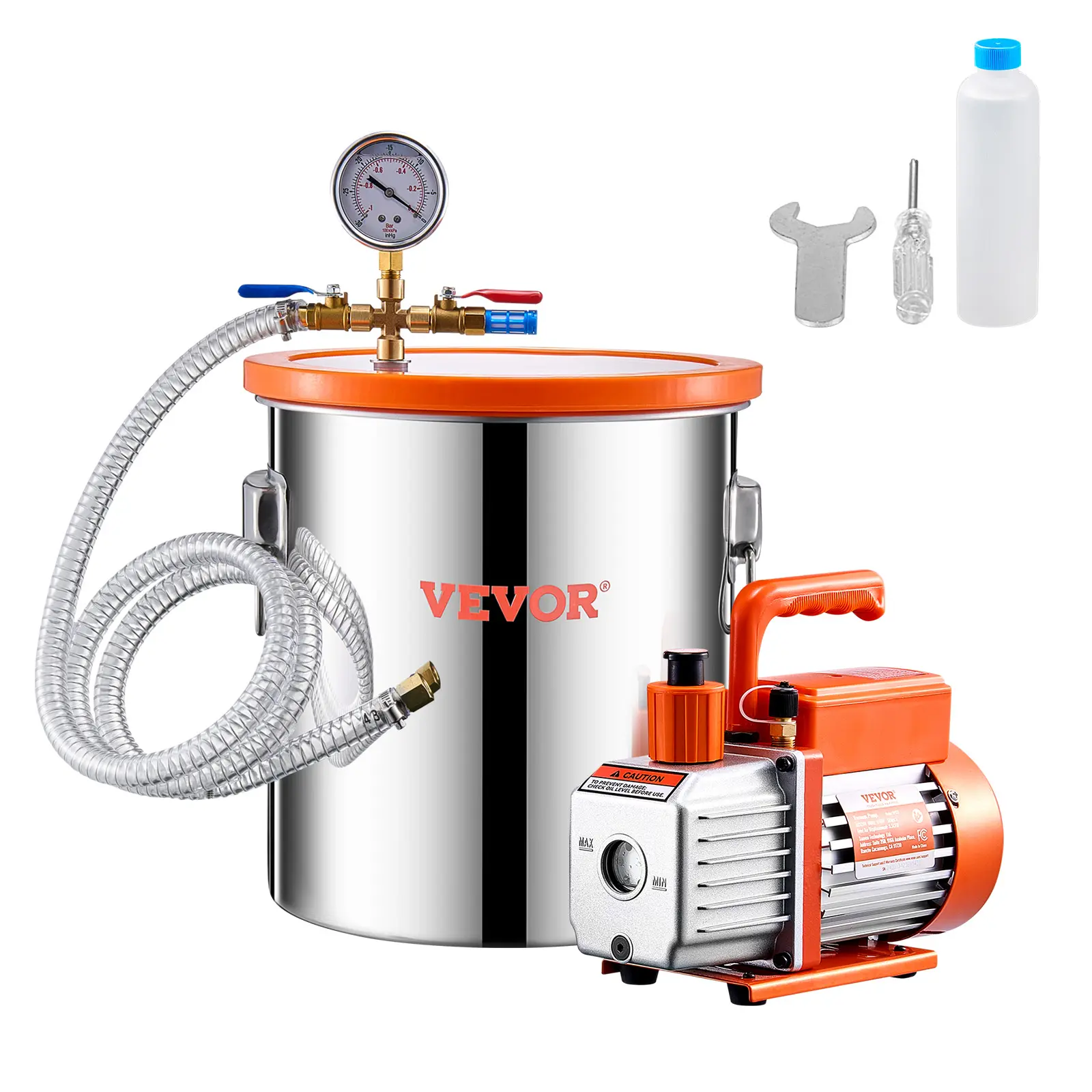 【summerfinds】VEVOR 5 Gallon Vacuum Chamber and 3.5 CFM Pump Kit, Stainless Steel Chamber, Single Stage Vacuum Pump Degassing Chamber Kit, with Acrylic Lid, Oil, 4.92 ft Hose, for Degassing Resin Silicone Epoxies