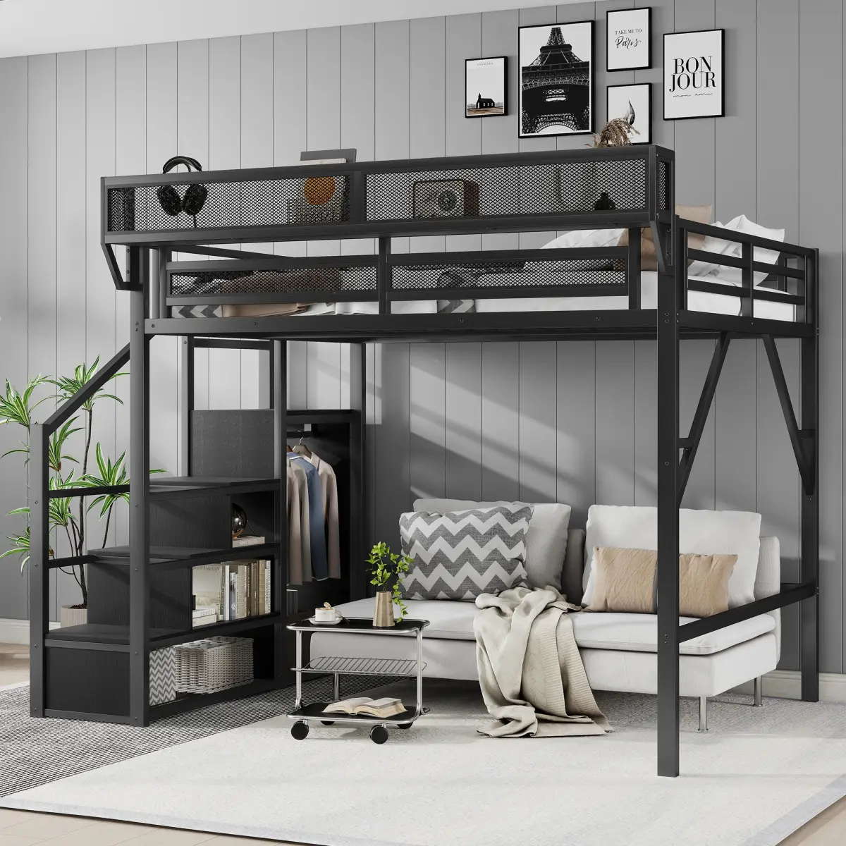 [Bellemave] Metal Loft Bed| Storage Wardrobe & Shelves| Safety Guardrail & Stairs| Under-Bed Space for Teens| Easy Assembly