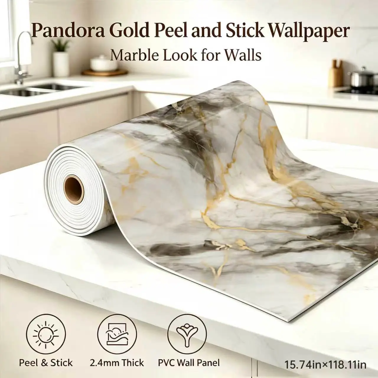 Marble Look Decorative Wallpaper, Peel-and-Stick Self-Adhesive Rectangular Vinyl Wall Film - Tearable, Waterproof, Heat-Resistant, Heavy-Duty, Easy-to-Clean, Moisture-Proof for Interior Walls, Living Rooms, 15.75×118.11in Home Improvement Supply
