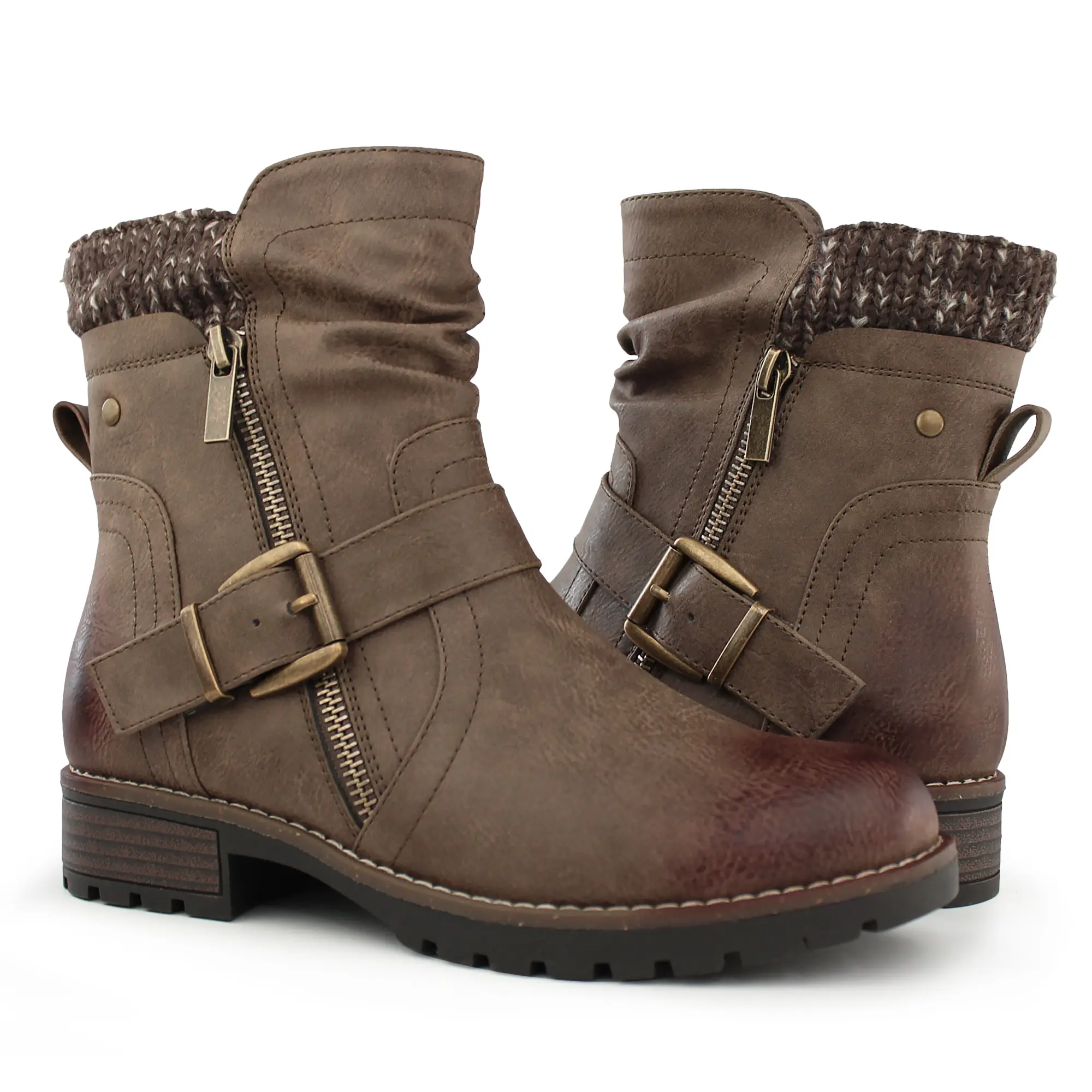 Hawkwell Women's Faux Leather Combat Ankle Booties - Lace-Up Walking Shoes with Round Toe, Cuban Heel, Side Zipper, Bold Buckle Detail, Slip-Resistant, Military Alternative Style