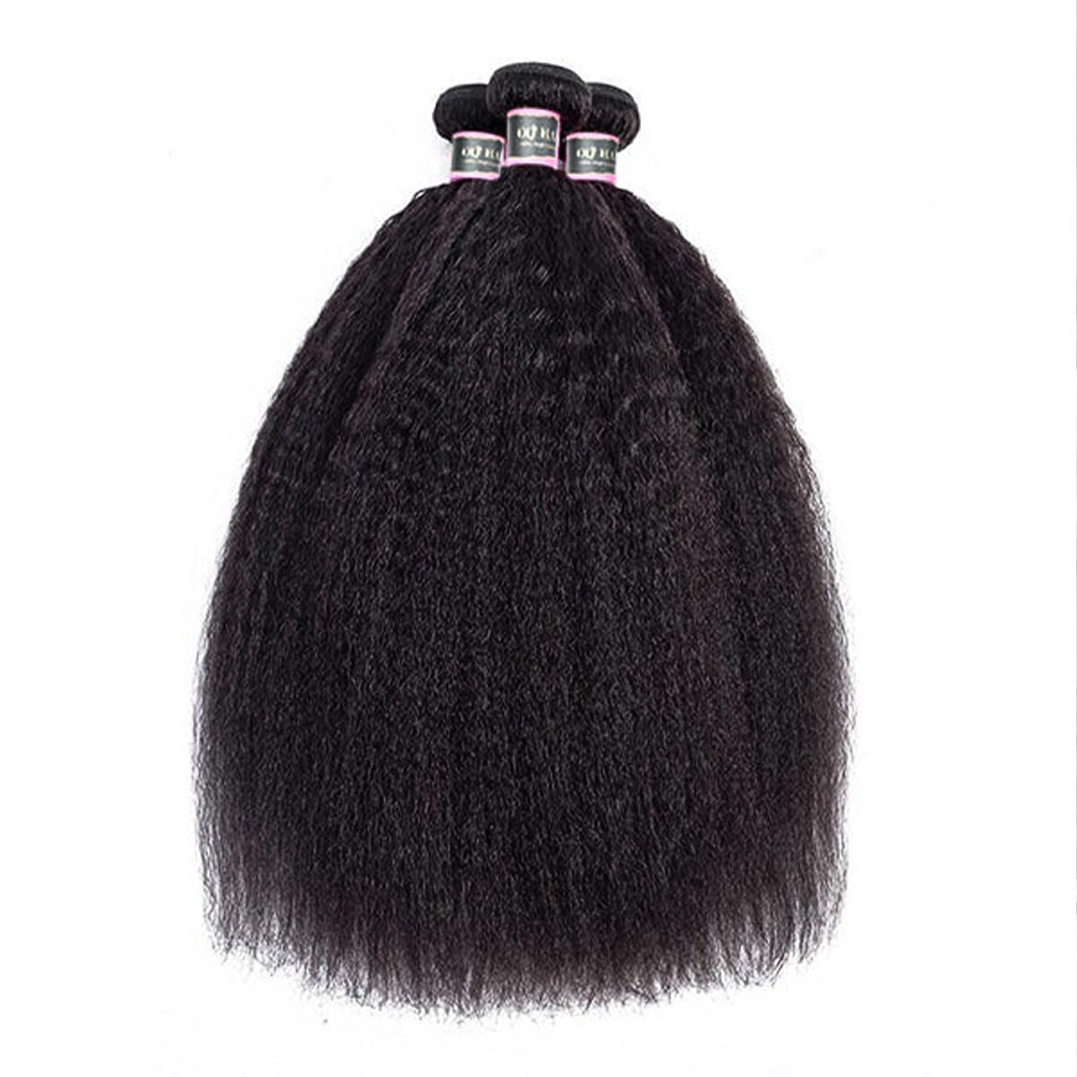 OQ HAIR Kinky Straight Hair Bundles 100% Virgin Human Hair Weaving Natural Black Color 3 4 Bundle Deals Double Weft Sew in Hair Extensions