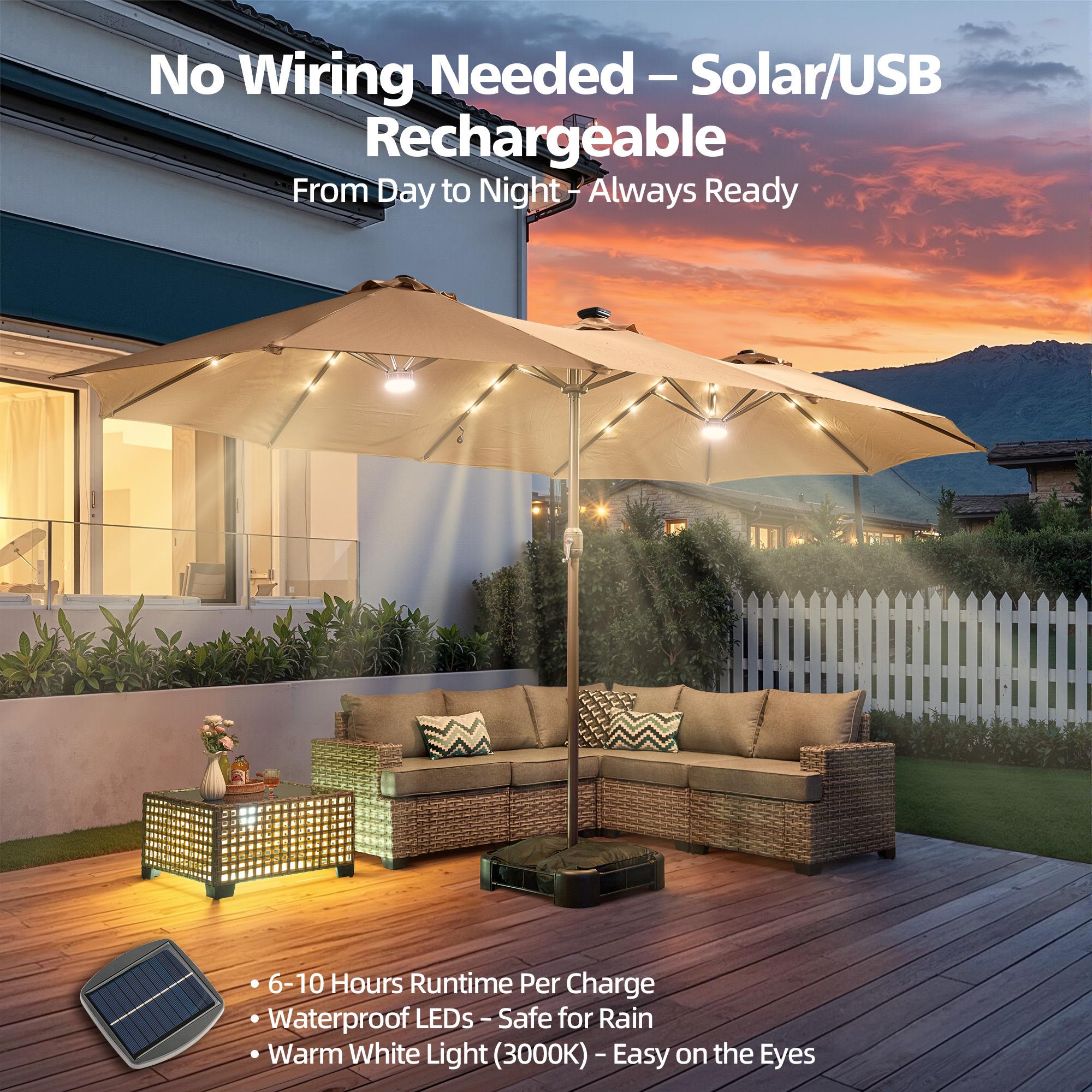 [March Clearance Price] OOSWIFT 14.5 ft Large Patio Umbrella with Solar LED Lights & Base, Extra Large Outdoor Twin Umbrella w/36 Lights, for Patio Garden Pool Lawn Backyard, Base Included, Sunshade Canopy