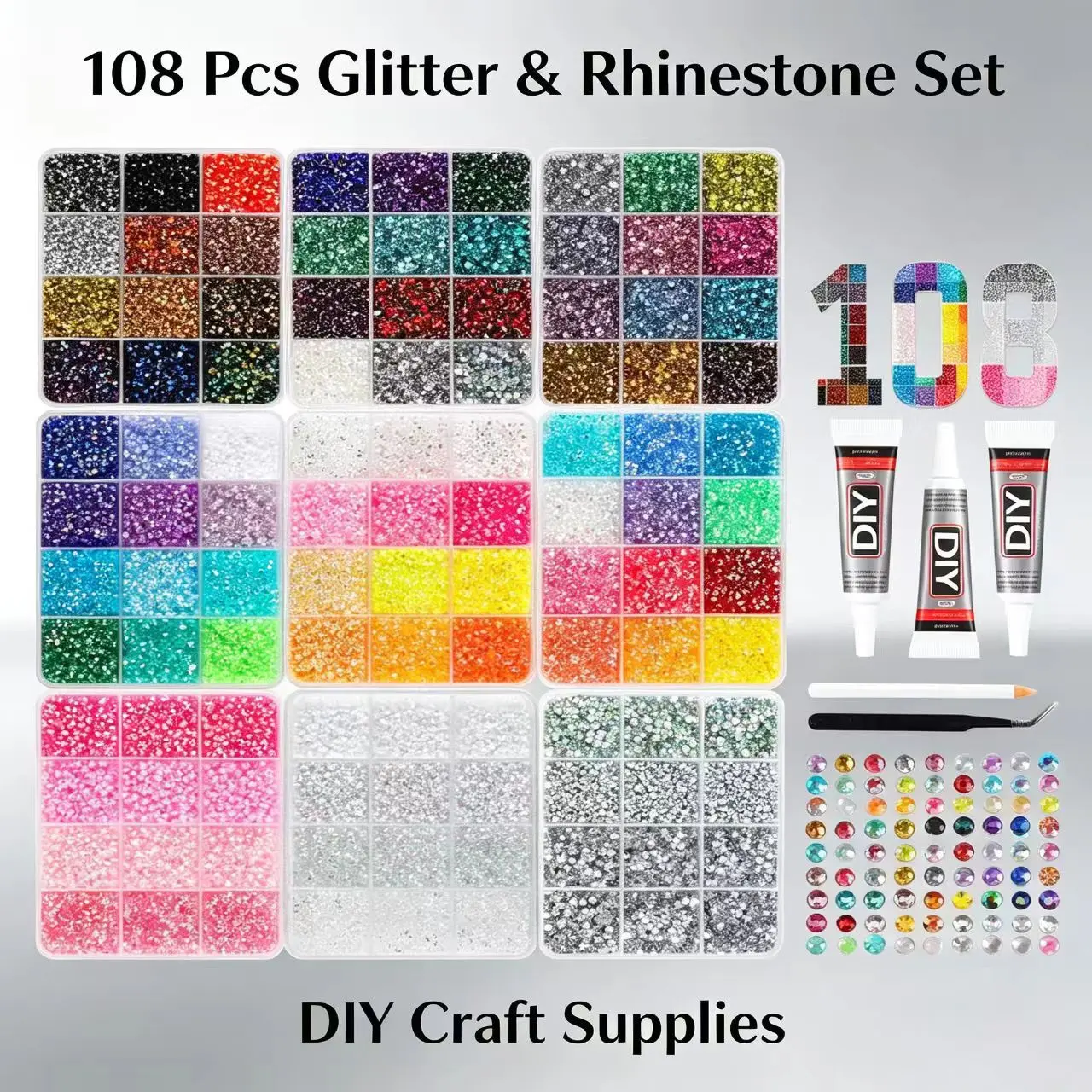 108 Colors Nail Art Rhinestones Set, Flat-Back Glass Gems, Bling Rhinestone Decoration, DIY Nail Decoration Kit with Glue & Tweezers, Universal Tool Set for Diamond Painting, Nail Art Supplies, Nail Art Products