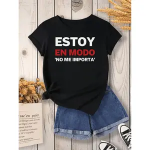 1pc Women's Casual Short Sleeve T-Shirt - Bold Spanish "Estoy en Modo No Me Importa" Print, Black with White & Red Text, Round Neck, Machine Washable, All-Season Comfort, T-shirt Stylish, Everyday Clothing, Relaxed Fit Tee, Comfor
