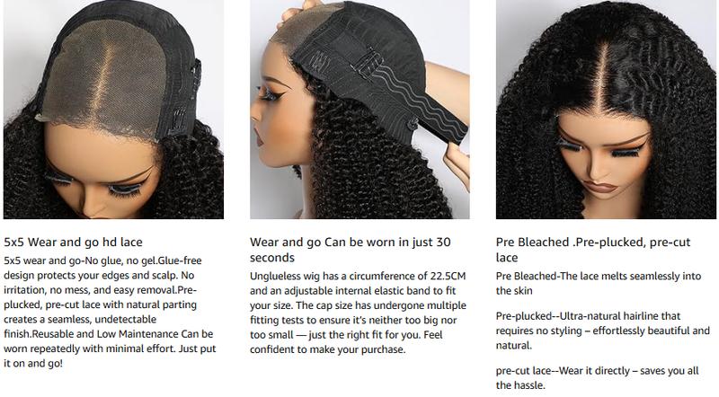 Lemoda 5x5 Wear and Go Burmese Kinky Curly Lace Frontal Human Hair Wigs 26Inch 210 Density Deep Curly 5x5 Pre-Bleached Knots HD Unglueless Transparent Lace Front Wigs For Women