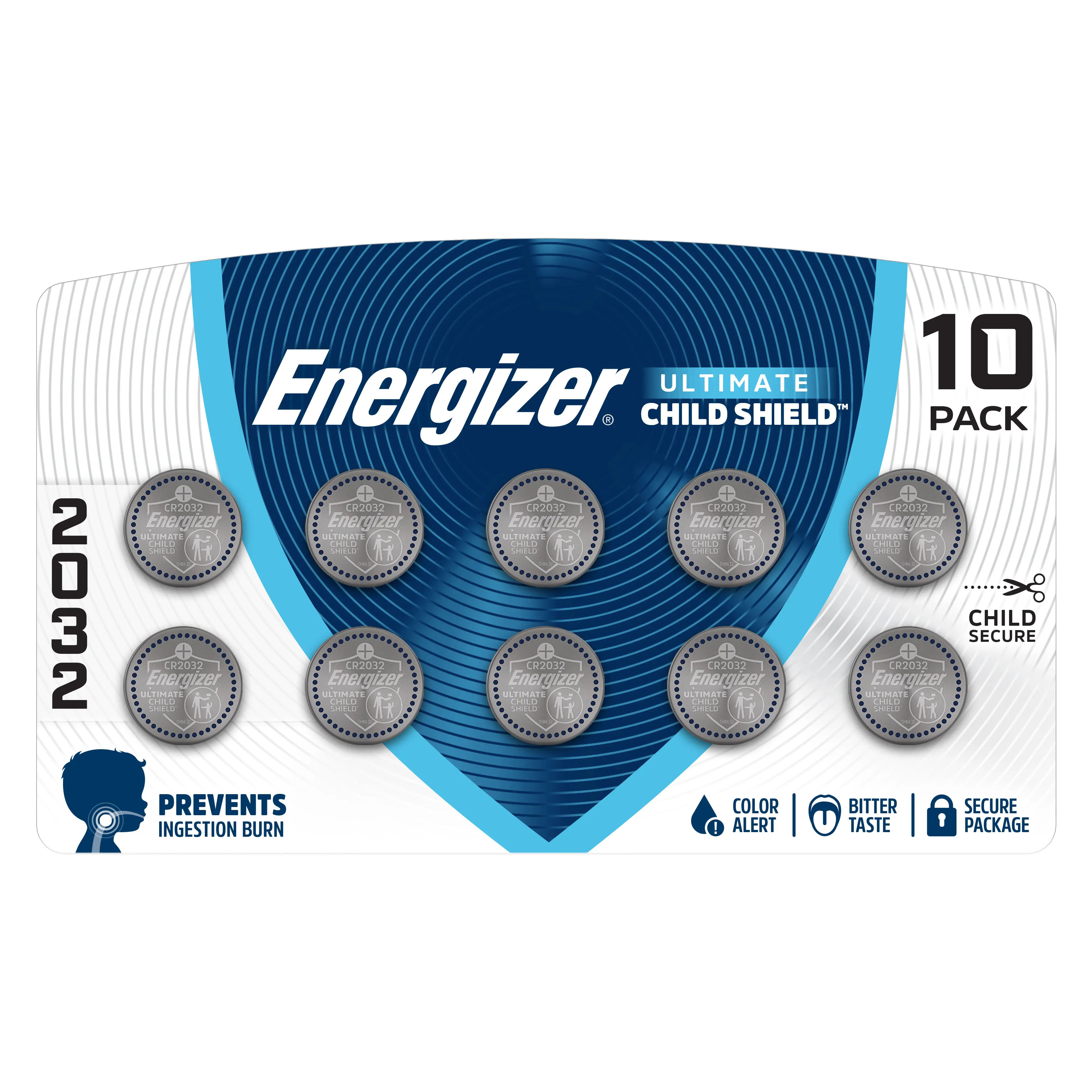 Energizer Ultimate Child Shield CR2032 Batteries (10 Pack), 3V Lithium Coin Batteries, Compatible with Apple AirTag and Tile Pro Devices, Key Fobs, Watches and More