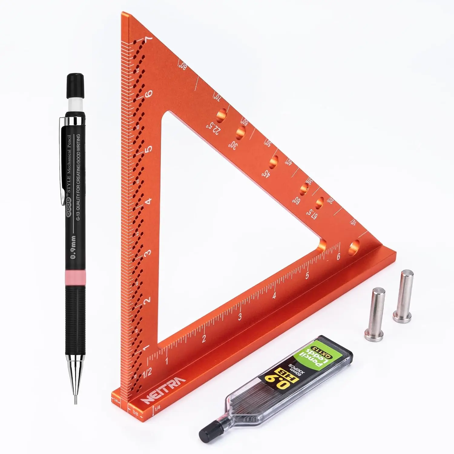 YoungSa 7-Inch Orange Aluminum Alloy Square Ruler, Fixed Angle Pin, Laser Etched Accurate Mark, Compact Hand Measuring Tool for Woodworkers’ Woodworking Projects, Inches