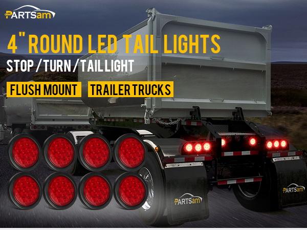 Partsam 4 Inch Round Led Rear Tail Lights Brake Brake Trailer Lights with Rubber Grommets for Trailers RVs Trucks, 8pcs/Set