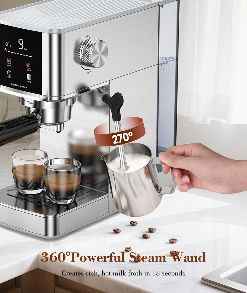 COWSAR 20 Bar High Pressure Stainless Steel Drip Coffee Maker with Touch Control Panel 1.2L Removable Transparent Water Tank for Residential Use