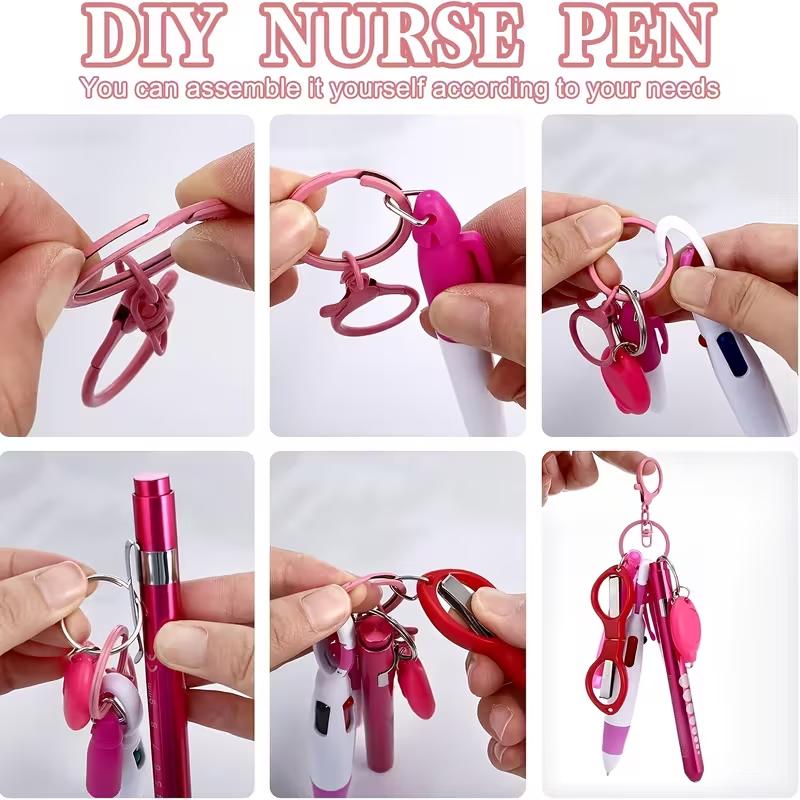 2 Sets of Nurse Pen Set, Badge Reel Holder Accessory Clips - Retractable Nursing Ballpoint Pens, Permanent Markers, Highlighters, Foldable Scissors for Work, Students, Office, Hospital, And Nurse Colleagues