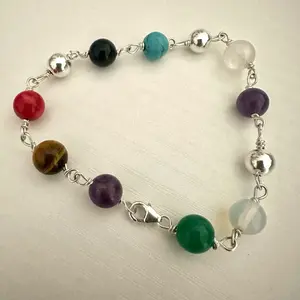 Producto #150- Pulsera de 7 chakras, piedra naturales, pulsera de ojo de tigre, pulsera de aventurina de noche, adventurina, onyx, jade, hecho de plata 925, sizes 7.5,8,8.5