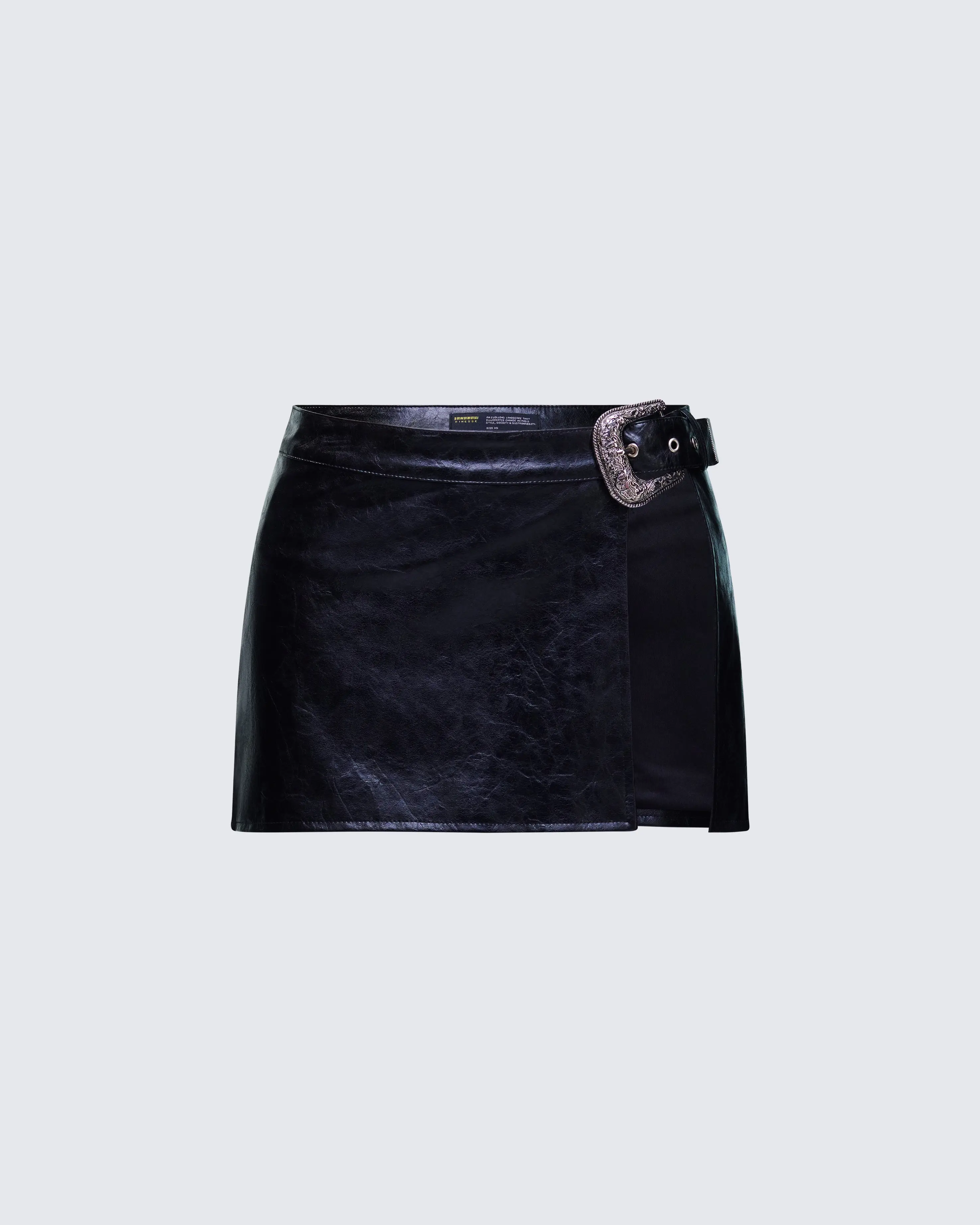 Women's Fern Black Vegan Leather Spandex Straight Mini Skirt - Belt-Included with Buckle, Slim-Fit Bottom, Side-Slit, Statement Piece, Women's Clothes, Clothes, Western, Belted, Sequins, Leather & Faux Leather
