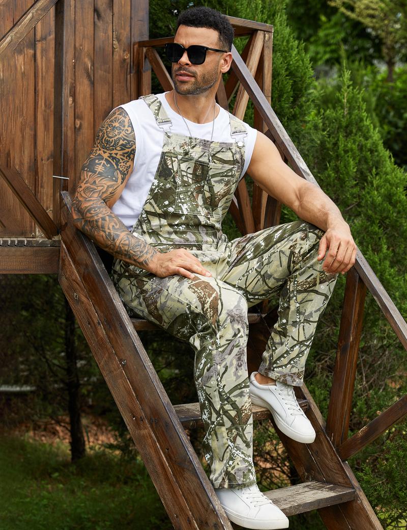 Yuanbang Men's Loose Pattern Adjustable Stretchy Overalls Fashion Camo Pattern Denim Bibs Coveralls Pockets Jumpsuit with Zipper Fall Winter Menswear Camouflage Redneck Party Outfit