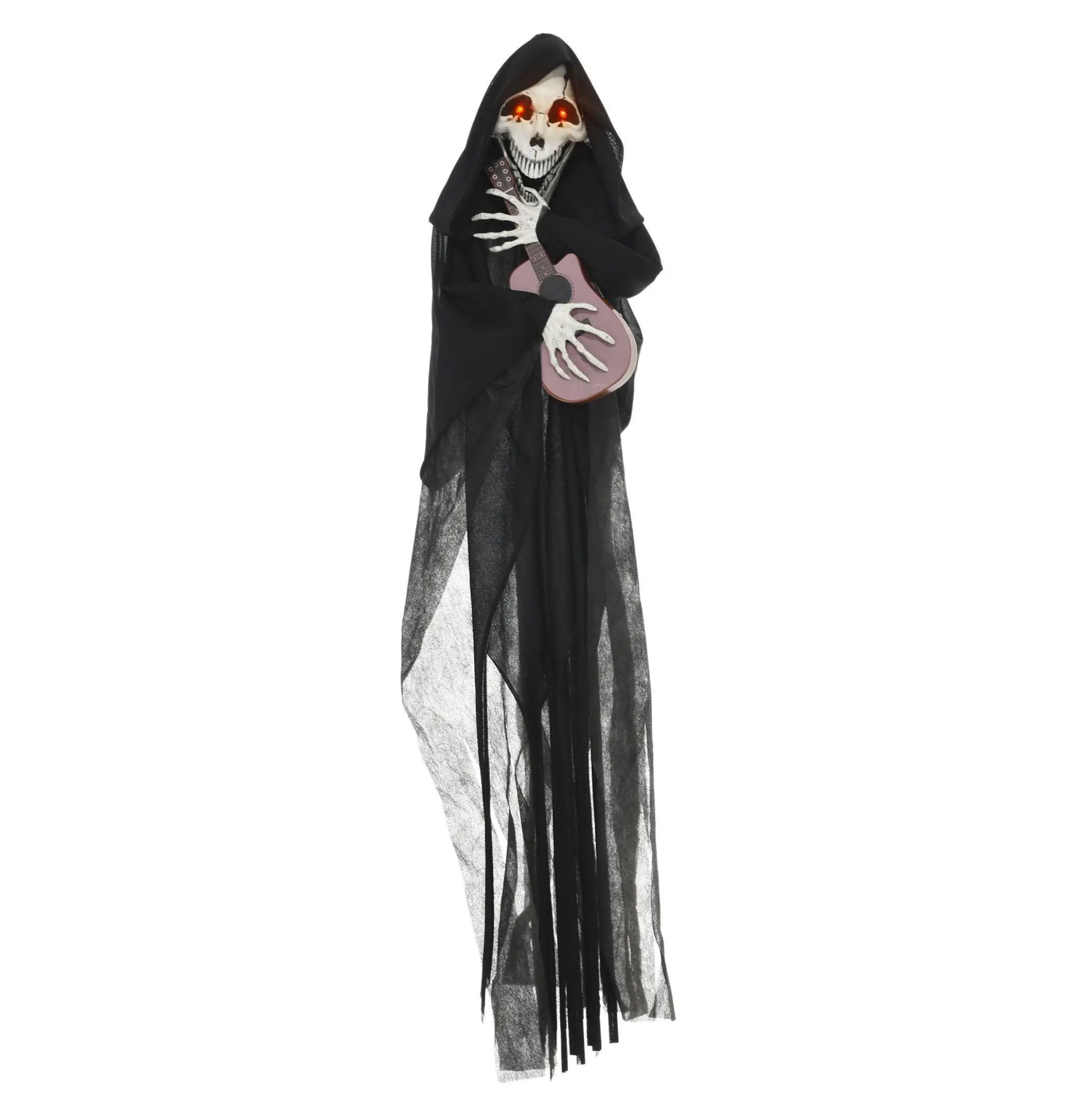 Spooky Standing Plastic Halloween Animatronic Grim Reaper Statue Decoration - 4.3ft Tall Guitar Playing Reaper with Sound, Glowing Eyes - Outdoor Decor, Outdoor Halloween Prop