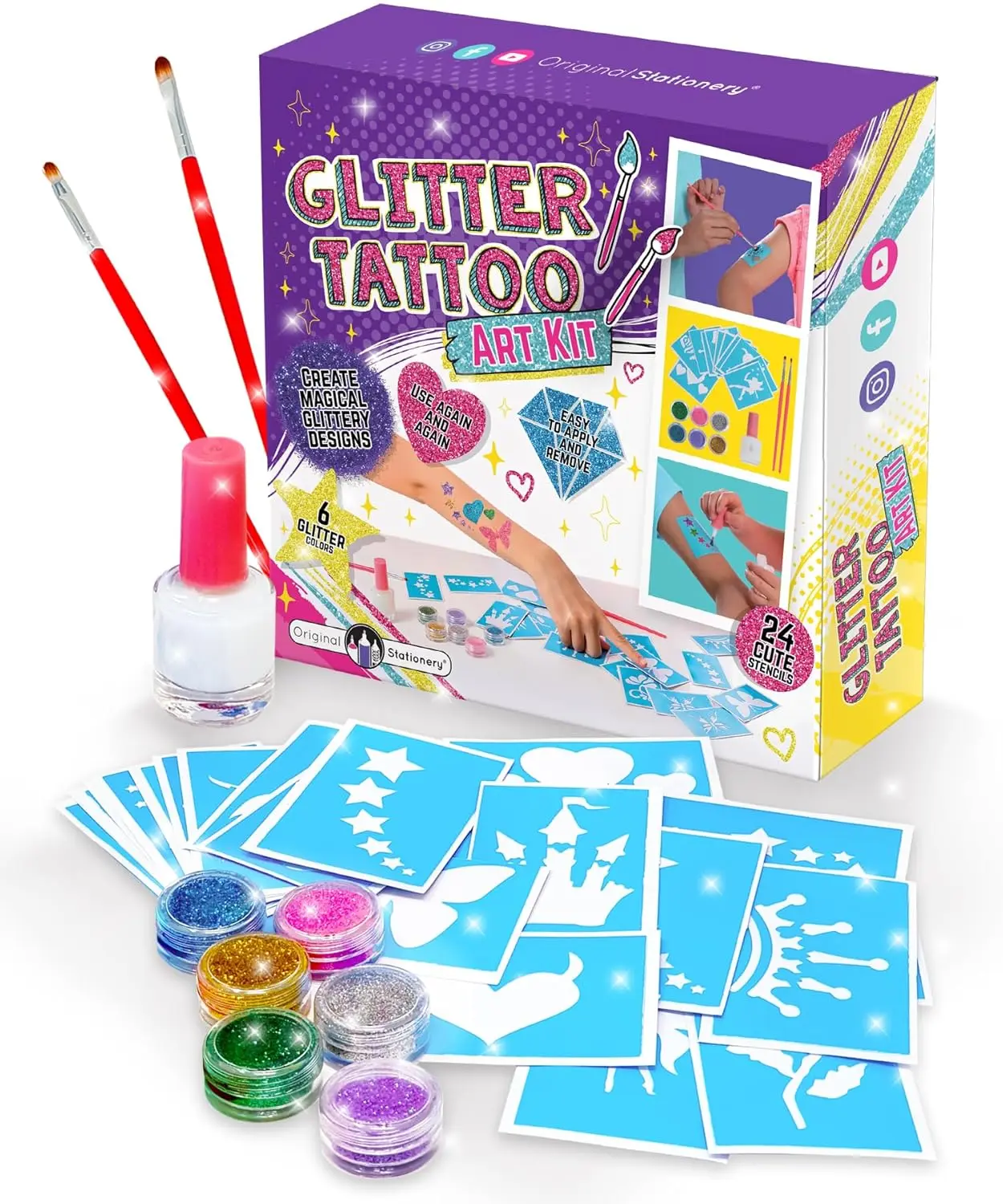 Kids Glitter Tattoo Kit – 33 Pcs Temporary Tattoo Set with 24 Stencils, 6 Glitter Colors, Brushes & Adhesive Waterproof Body Art Kit for Girls & Boys, Birthday & Sleepover Party Supplies (Ages 3–8)
