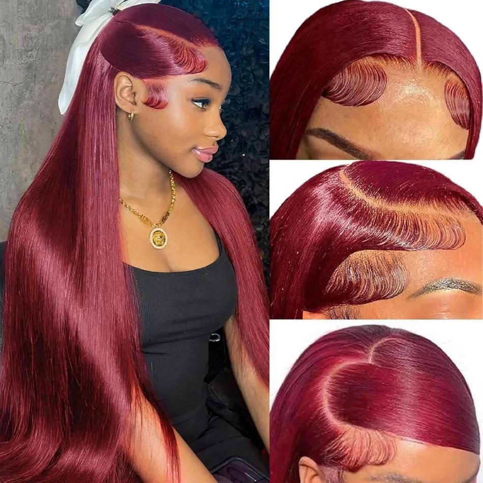 Burgundy 99J Lace Front Wig Straight 13x6 HD Lace Frontal Wig Human Hair For Women Pre Plucked Colored Lace Wig 180% Density