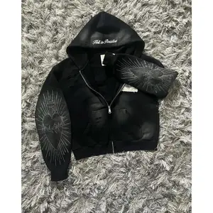 Hell in Paradise Street Retro Gothic Style Zip Up Hoodie Embroidery Patchwork Hoodies Loose Sweatshirt Men Clothing Pullover Long Sleeve