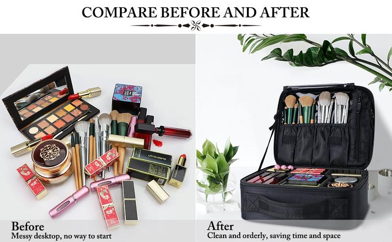 DameDiva Travel Makeup Bag - Premium Oxford Fabric Cosmetic Organizer with Dual Gold Zippers, Adjustable EVA Dividers, Black & Pink, Waterproof & Lightweight