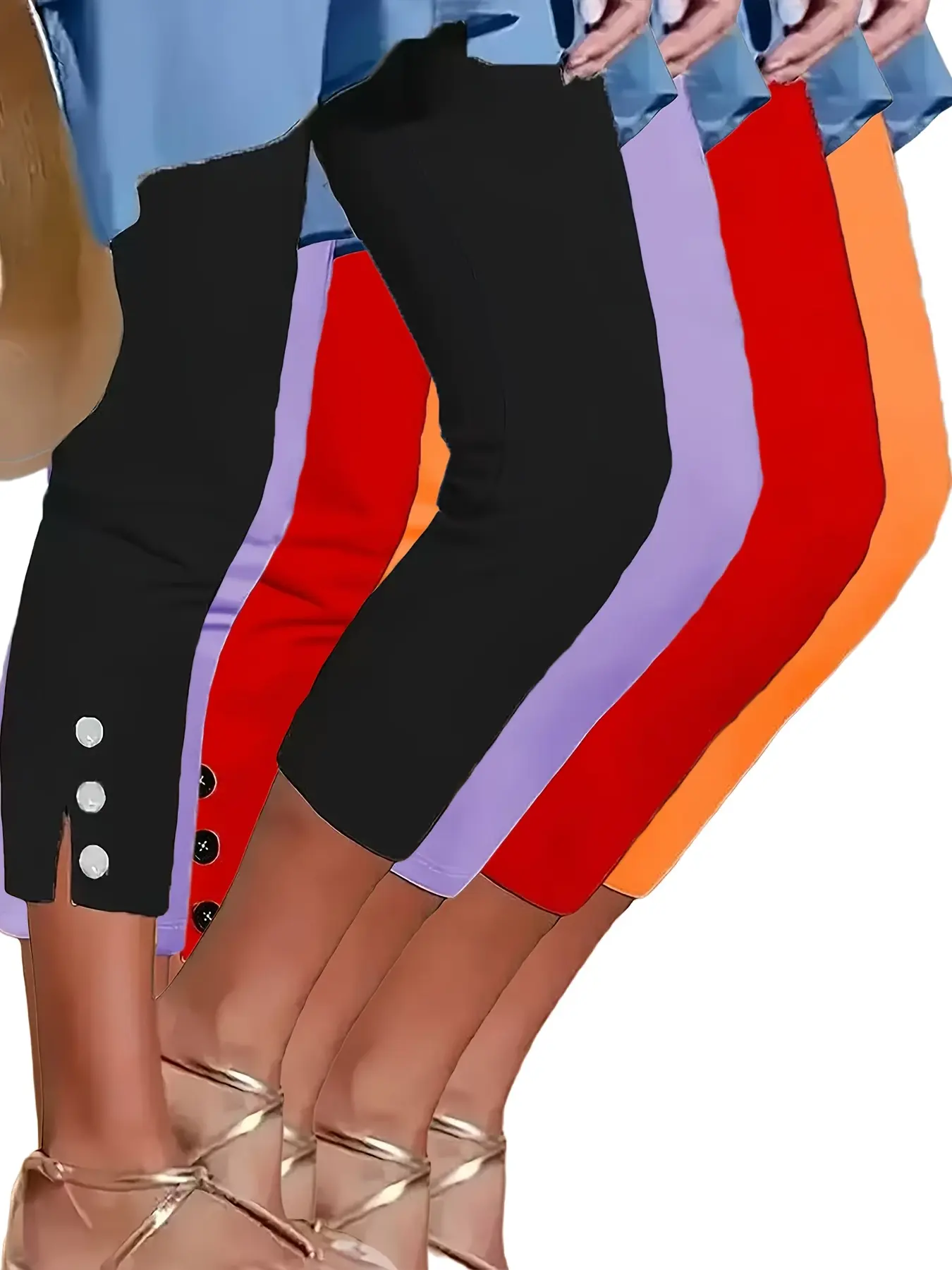Women's 4-Pack High-Stretch Button-Detail Capri Pants - Slim-Fit Twill Fabric Solid Colors Bottoms, Summer Basic Casual Yoga Bottoms for Women (Sports & Outdoor Clothing)