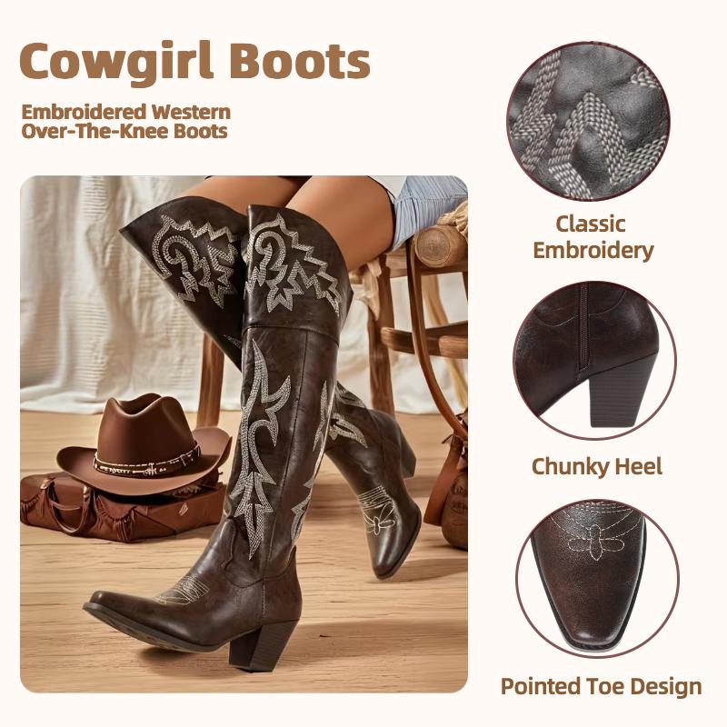 Knee High Tall Cowboy Boots Women Vintage Embroidered Pointed Platform Over the Knee Cowgirl Boots Fashion Square Toe Chunky Heel Western Over-The-Knee Vacation Boots SpringStatements