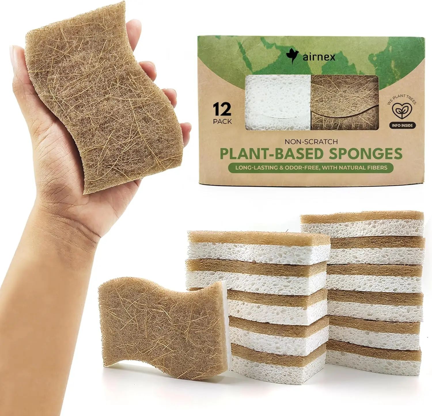 Biodegradable Natural Kitchen Sponge - Compostable Cellulose and Coconut Walnut Scrubber Sponge (12 Pack) Bigger & Better Limited