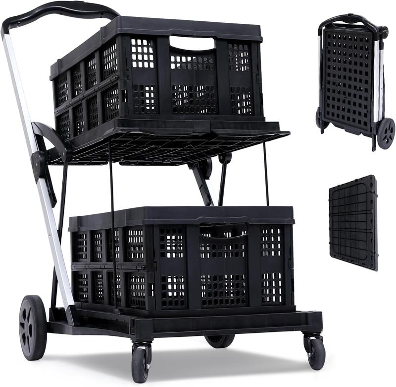 Folding Office Utility Cart with Wheels – 2-Tier Heavy Duty Hotel Rolling Organizer – Collapsible Multipurpose Trolley – Black, 2 Cargo Boxes