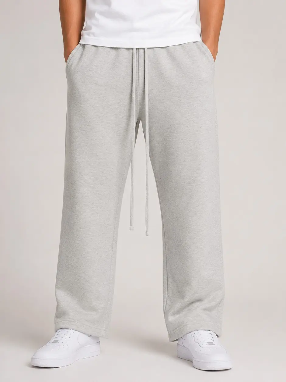 Men's Uncuffed Light Gray Sweatpants, Casual Straight Leg Lounge Pants with Drawstring Elastic Waist & Side Pockets, Solid Color Gym Workout Streetwear Pants Menswear