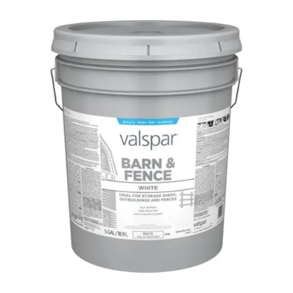 Valspar 009.0029048.008 5 Gal Flat Latex Exterior Paint - White, Water-Resistant, Paint & Primer in 1, 400 Sq Ft/Gal Coverage, Easy Cleanup for Barn & Fence, Shed Surfaces, Fences