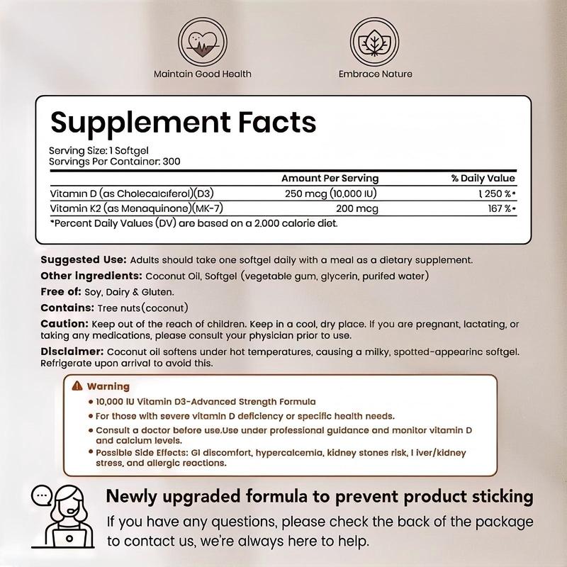 VEV 2-in-1 Vitamin Supplement D3 10000 IU & K2 200 mcg with Virgin Coconut Oil 300 Softgels for Immune Support Extra Strength MK-7
