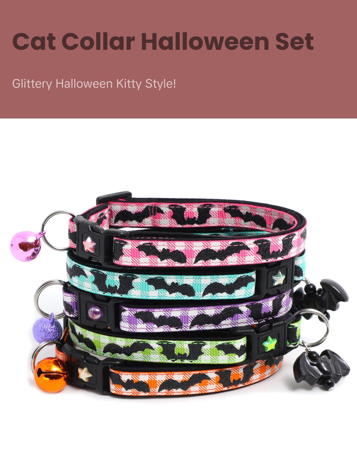 Halloween Breakaway Safety Cat Collar Glitter Bats on Plaid with Matching Jingle Bell & Charm by Pugs2Persians